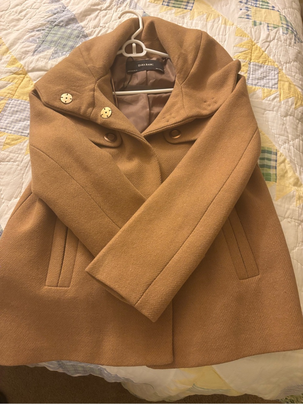 Zara Camel Brown Pea Coat with Wide Funnel Collar